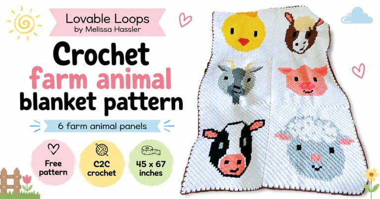 Crochet farm animal blanket pattern featured image with a white C2C farm animal baby blanket on a bright background, pastel farm accents, and callouts for free pattern, C2C crochet, and finished size.
