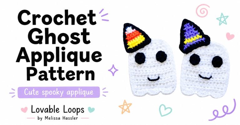 Featured image for a crochet ghost applique pattern with two handmade ghost appliques wearing Halloween hats, soft pastel accents, and bright white background.