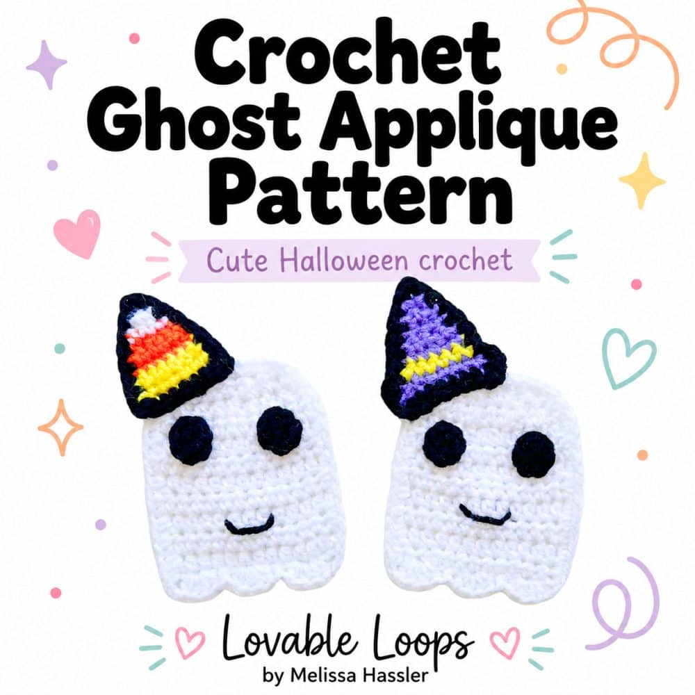 Square graphic for a crochet ghost applique pattern featuring two white crochet ghosts with black eyes, smiling mouths, colorful hats, and Lovable Loops by Melissa Hassler branding.