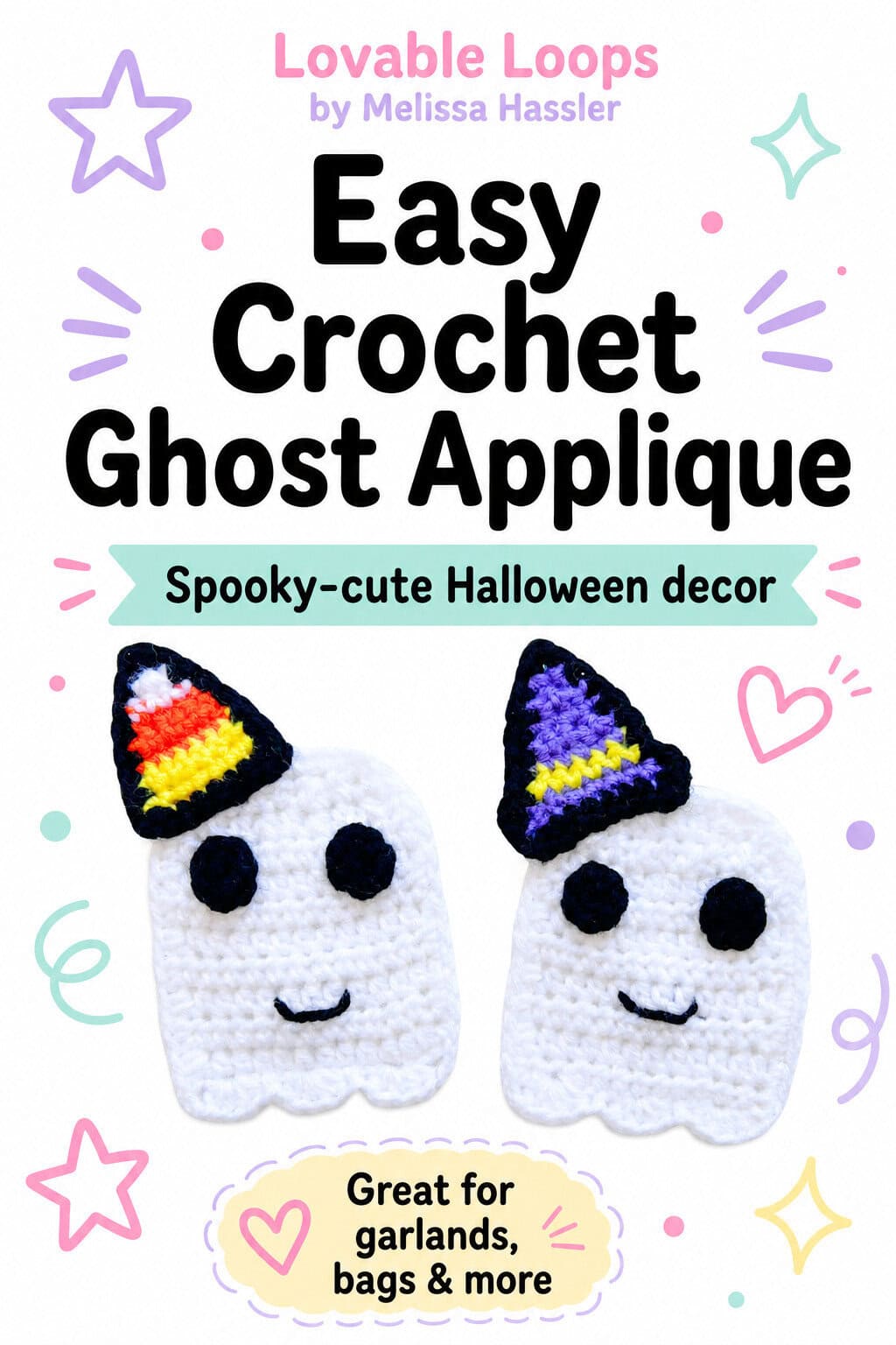 Pinterest pin for a cute crochet ghost applique showing two smiling white ghosts with colorful witch hats, large black title text, and playful pastel details.