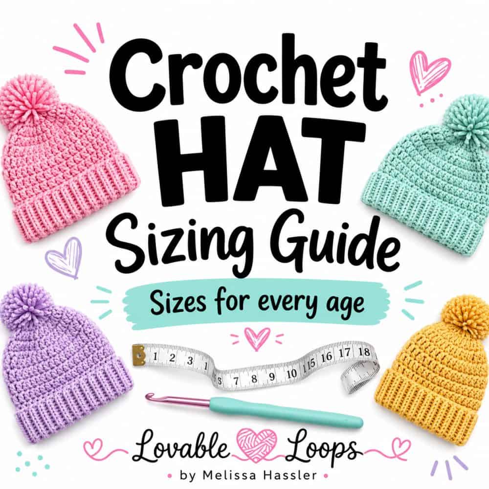Crochet hat sizing guide graphic with pastel crochet hats, measuring tape, crochet hook, and Lovable Loops by Melissa Hassler branding.