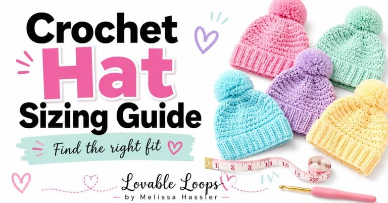 Crochet hat sizing guide featured image with colorful handmade hats, sizing text, measuring tape, crochet hook, and bright pastel accents.