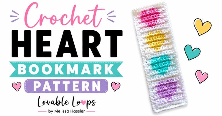Featured image featuring a colorful crochet heart bookmark beside bold text reading “Crochet Heart Bookmark Pattern,” with pink, teal, purple, and yellow heart accents.