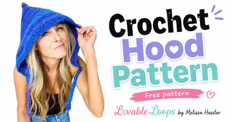 Crochet hood free pattern featured image showing a woman wearing a blue and purple textured hood with a pointed crown and long ties beside colorful modern pattern text.