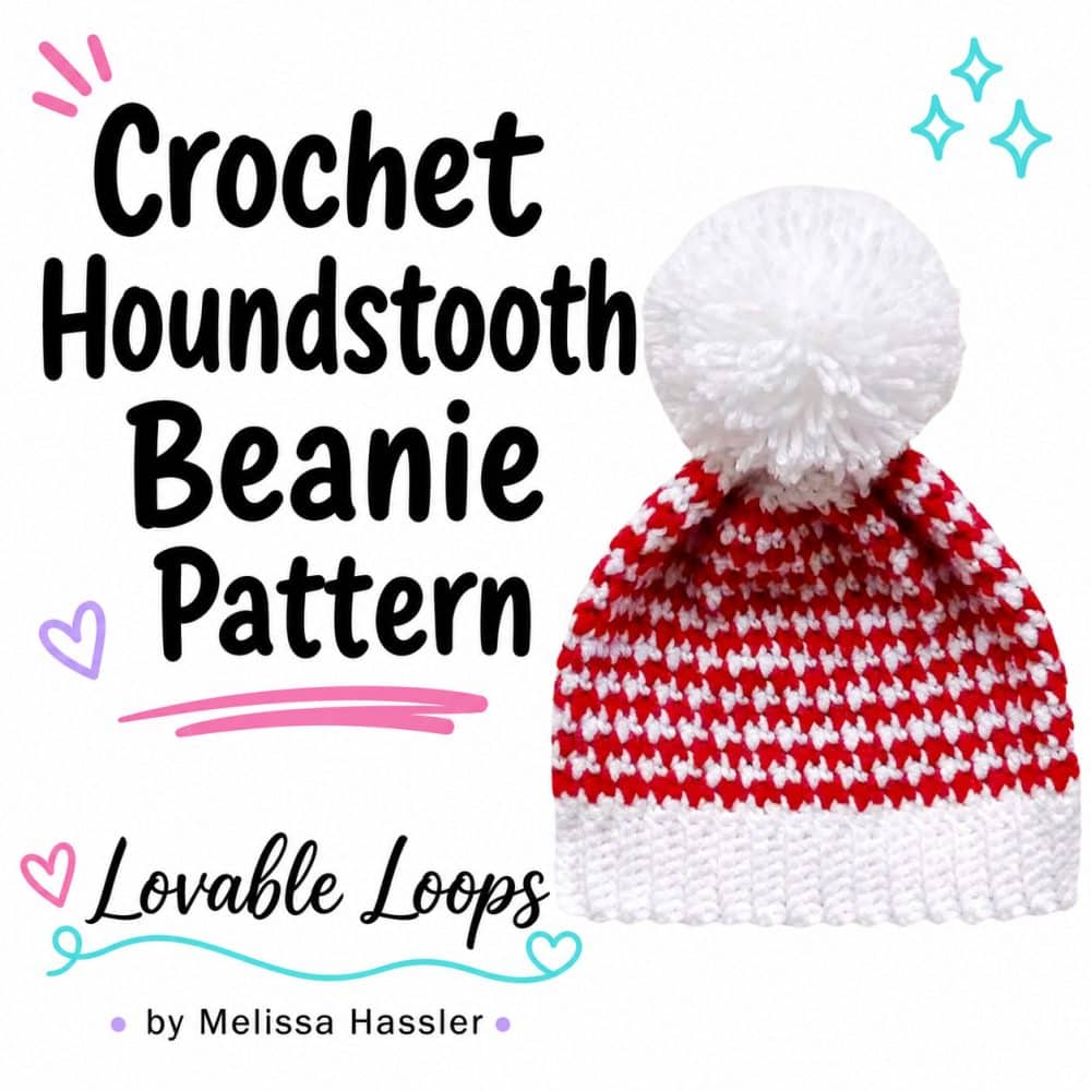Square featured image showing a red and white crochet houndstooth beanie with a large white pom pom beside bold black text and pastel decorative accents.