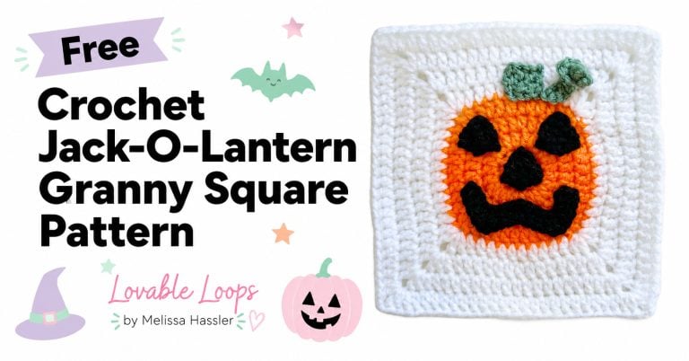 Featured image for a crochet jack-o-lantern granny square pattern showing a white crochet square with an orange pumpkin face, green stem, bold black title text, pastel Halloween accents, and Lovable Loops by Melissa Hassler branding.
