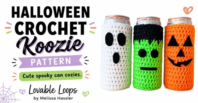 Featured image for a crochet Halloween koozie pattern showing spooky-cute ghost, Frankenstein, and pumpkin can cozies on a bright white background with playful pastel accents.
