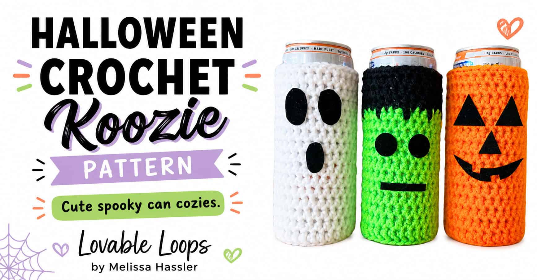 Featured image for a crochet Halloween koozie pattern showing spooky-cute ghost, Frankenstein, and pumpkin can cozies on a bright white background with playful pastel accents.