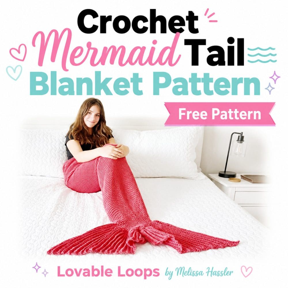 Square graphic featuring a pink crochet mermaid tail blanket modeled on a white bed with bold text reading โCrochet Mermaid Tail Blanket Patternโ and a pink โFree Patternโ banner, branded Lovable Loops by Melissa Hassler.