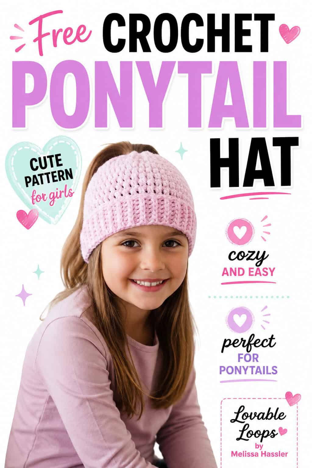 Pinterest graphic showing a girl wearing a pink crochet ponytail beanie beside large text reading โBeginner Crochet Ponytail Hat,โ a teal โFree Patternโ banner, and notes that it is great for everyday wear and has a cute ponytail opening.