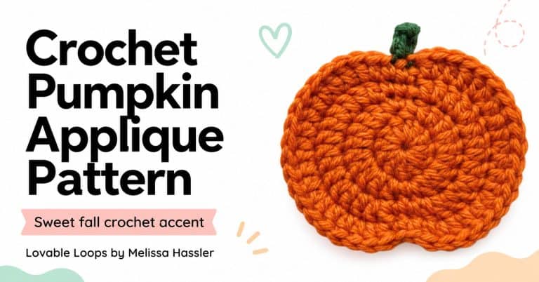 Featured image for a crochet pumpkin applique pattern showing a handmade orange pumpkin applique with a green stem, sweet fall crochet accent text, and clean pastel details.