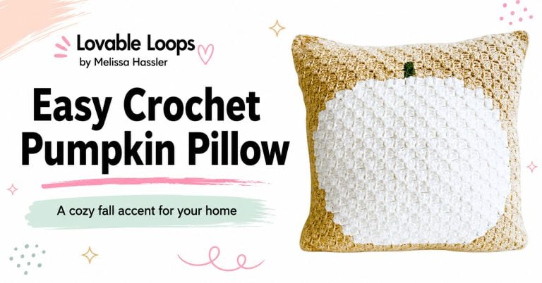 Featured image for an easy crochet pumpkin pillow pattern with a textured tan and white pillow, bright white background, bold title text, and Lovable Loops branding.