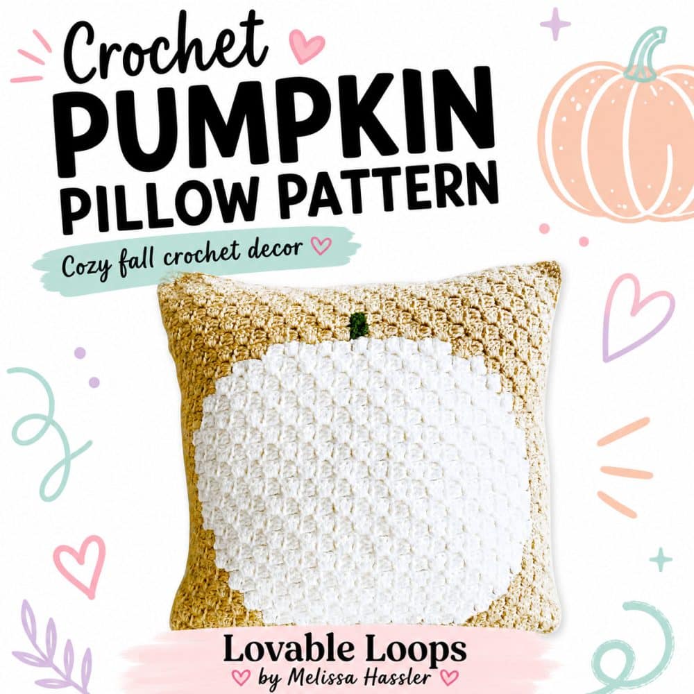 Square graphic for a crochet pumpkin pillow pattern featuring a handmade pumpkin pillow with a white pumpkin shape, tan background, green stem, and playful pastel accents.