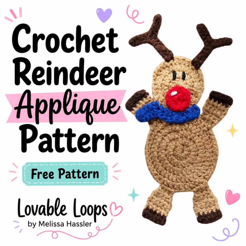 Square graphic featuring a tan crochet reindeer applique with brown antlers, red nose, and blue scarf beside bold text reading “Crochet Reindeer Applique Pattern” and “Free Pattern.”