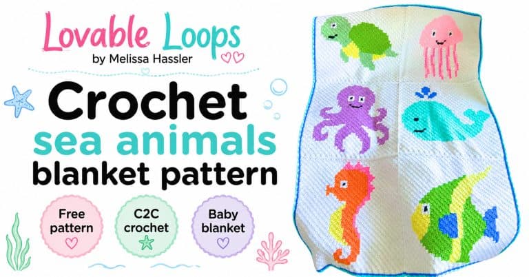 Crochet sea animals blanket pattern featured image with a colorful ocean animal C2C blanket on a white background, pastel sea accents, and callouts for free pattern, C2C crochet, and baby blanket.