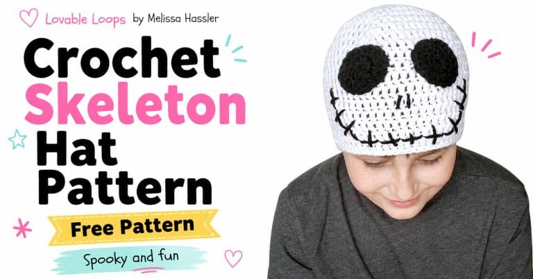Landscape featured image showing a person modeling a white crochet skeleton hat with black eye patches and a stitched smile beside text reading “Crochet Skeleton Hat Pattern,” “Free Pattern,” and “Spooky and Fun.”