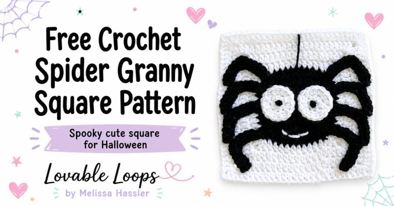 Featured image for a crochet spider granny square pattern showing a cute black spider on a white crochet square with bold black text, soft pastel Halloween graphics, and Lovable Loops by Melissa Hassler branding.