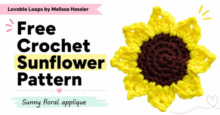 Featured image for a free crochet sunflower pattern showing a yellow crochet sunflower applique with a brown center on a bright white background with clean text and pastel accents.