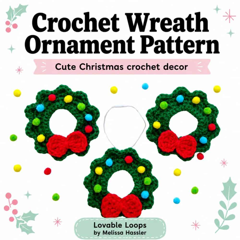 Square graphic for a crochet wreath ornament pattern featuring three handmade Christmas wreath ornaments with green crochet wreaths, red bows, colorful pom-poms, bold title text, holly, snowflakes, and Lovable Loops branding.