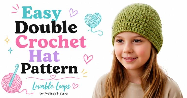 Wide featured image showing a child wearing a green double crochet beanie on the right and large black and pastel text reading Easy Double Crochet Hat Pattern on the left.