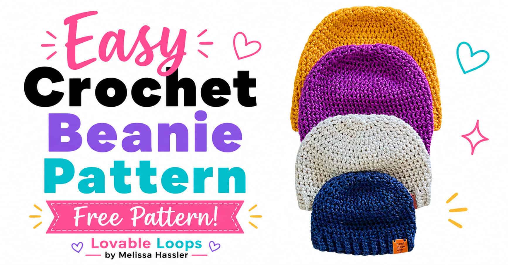Landscape featured image with bold text reading “Easy Crochet Beanie Pattern” beside four stacked crochet hats in mustard yellow, purple, cream, and navy on a bright white background.