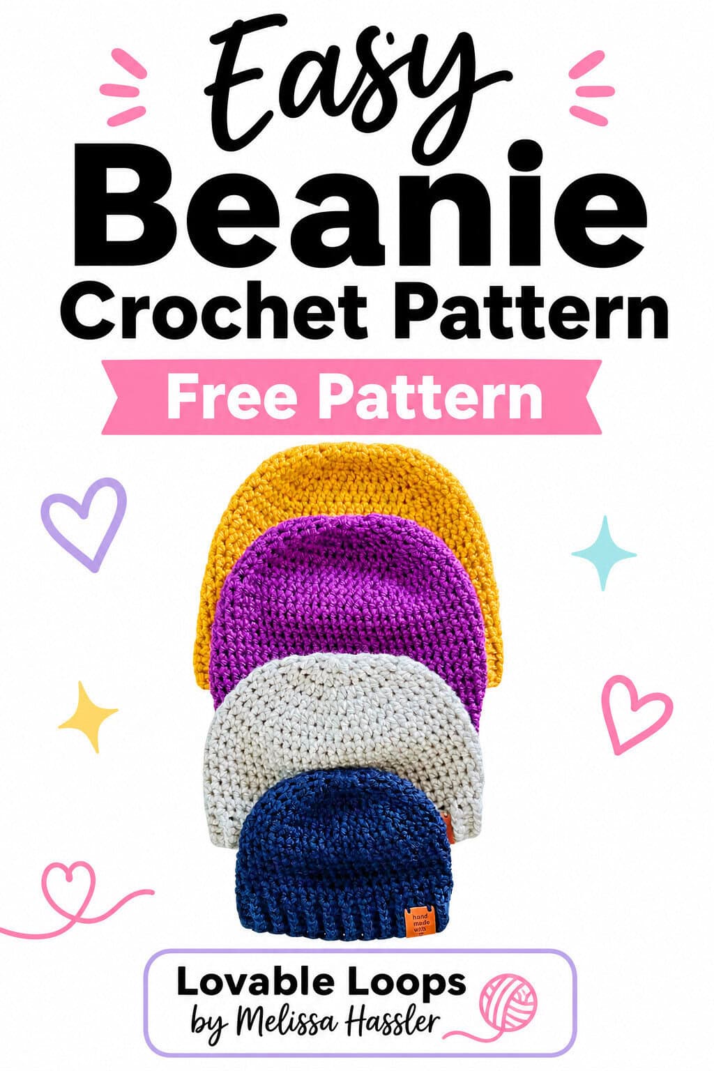 Pinterest pin featuring four stacked crochet beanies in mustard yellow, purple, cream, and navy beneath bold text reading โEasy Beanie Crochet Patternโ and โFree Pattern.โ