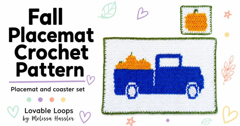 Featured image for a fall placemat crochet pattern with a handmade blue truck placemat, matching pumpkin coaster, bright white background, and Lovable Loops by Melissa Hassler branding.