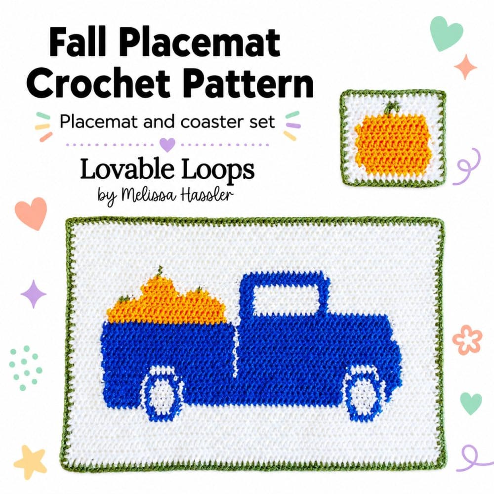 Square graphic for a fall placemat crochet pattern featuring a blue truck carrying pumpkins, a matching pumpkin coaster, green crochet border, and playful pastel accents.