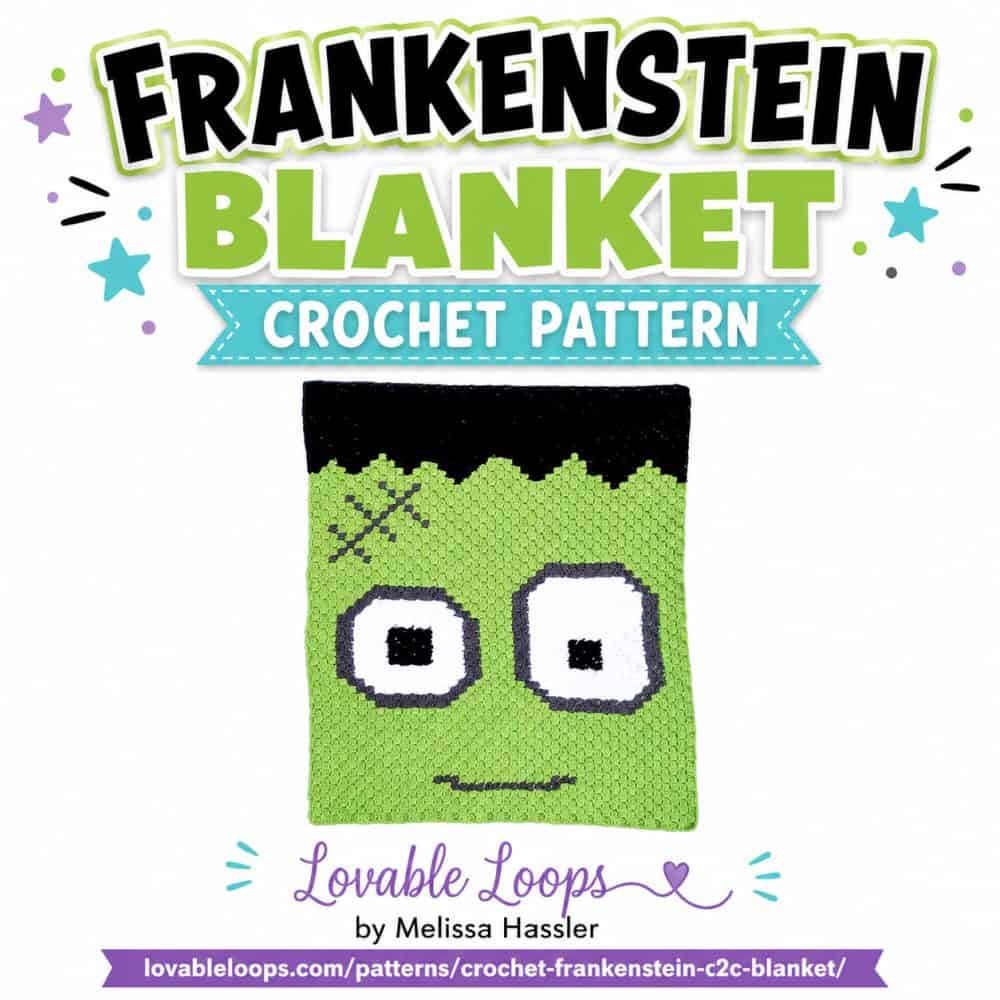Square Frankenstein blanket crochet pattern image with large black, green, and aqua title text, finished crochet blanket photo, and Lovable Loops branding.