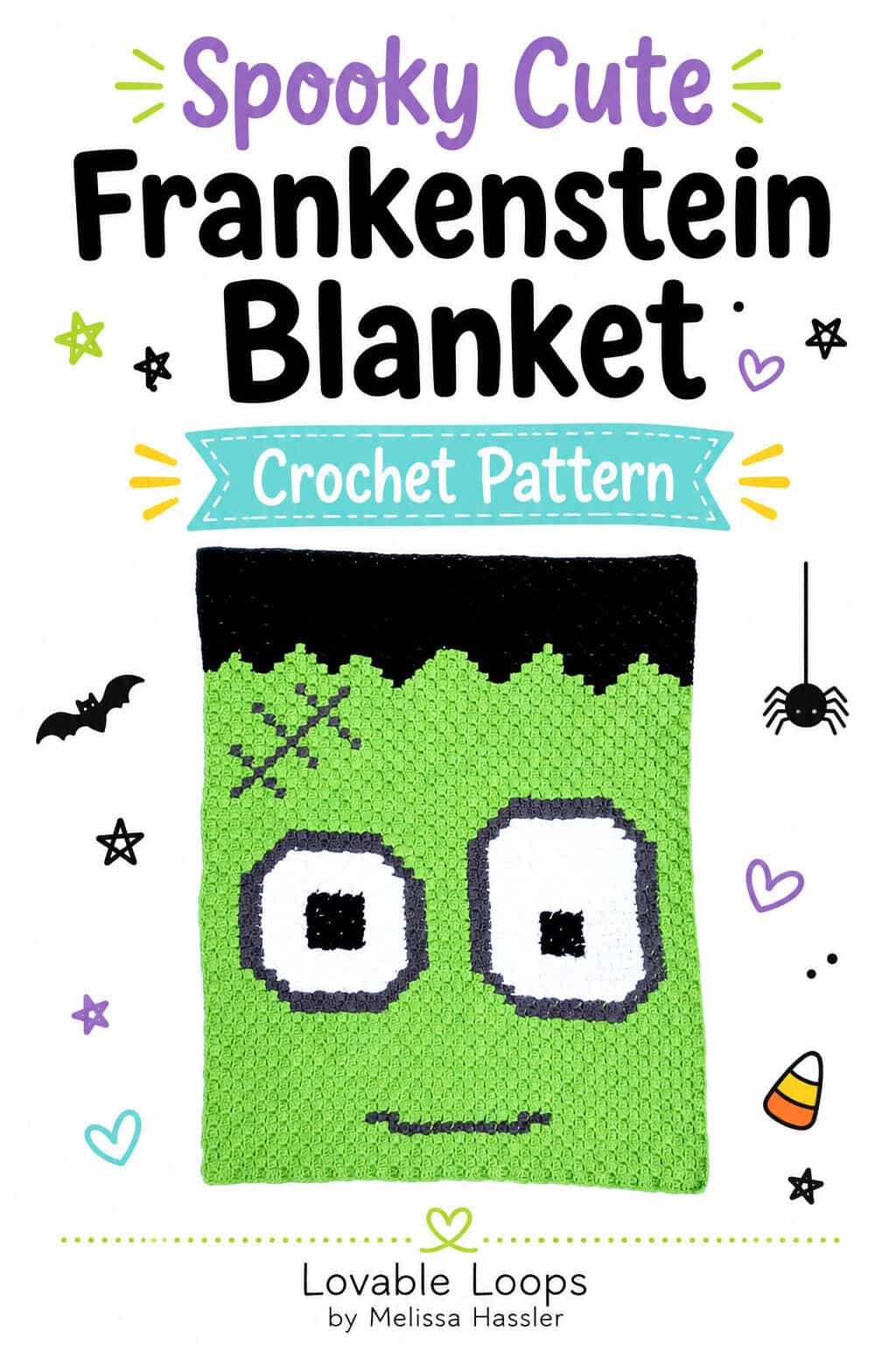 Spooky cute Frankenstein blanket crochet pattern pin with black and purple title text, Halloween doodles, spider, bat, candy corn, and green crochet blanket.