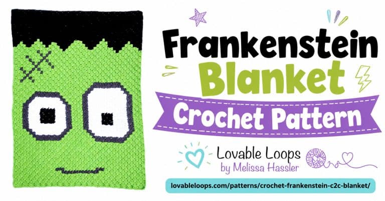 Frankenstein blanket crochet pattern featured image with the finished green Frankenstein crochet blanket on the left, bold title text on the right, and Lovable Loops branding.