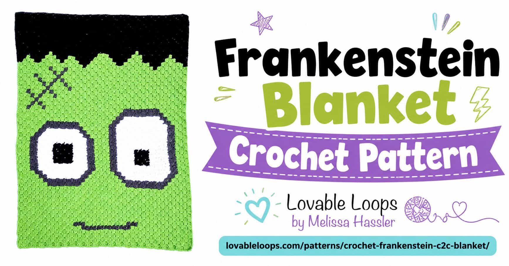 Frankenstein blanket crochet pattern featured image with the finished green Frankenstein crochet blanket on the left, bold title text on the right, and Lovable Loops branding.