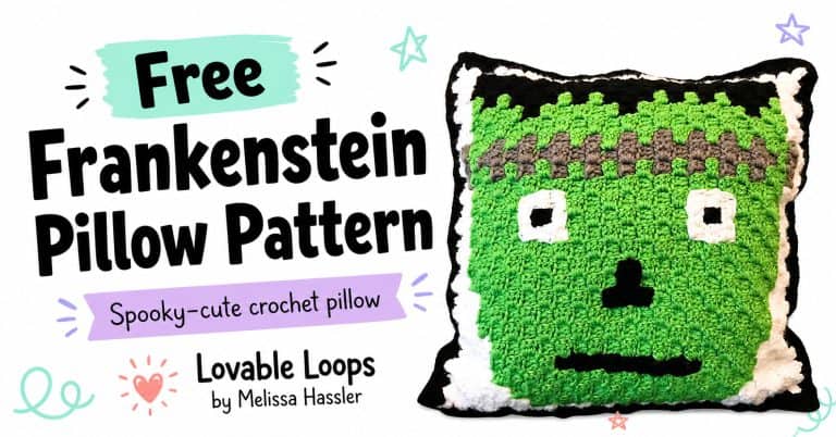 Featured image for a free Frankenstein pillow crochet pattern showing a handmade green crochet pillow with a monster face, black and white edging, bold text, and pastel doodles.