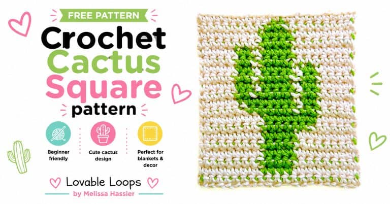 Crochet cactus square pattern featured image with a green and white cactus crochet square, bright white background, pastel accents, and callouts for beginner friendly, cute cactus design, and perfect for blankets and decor.