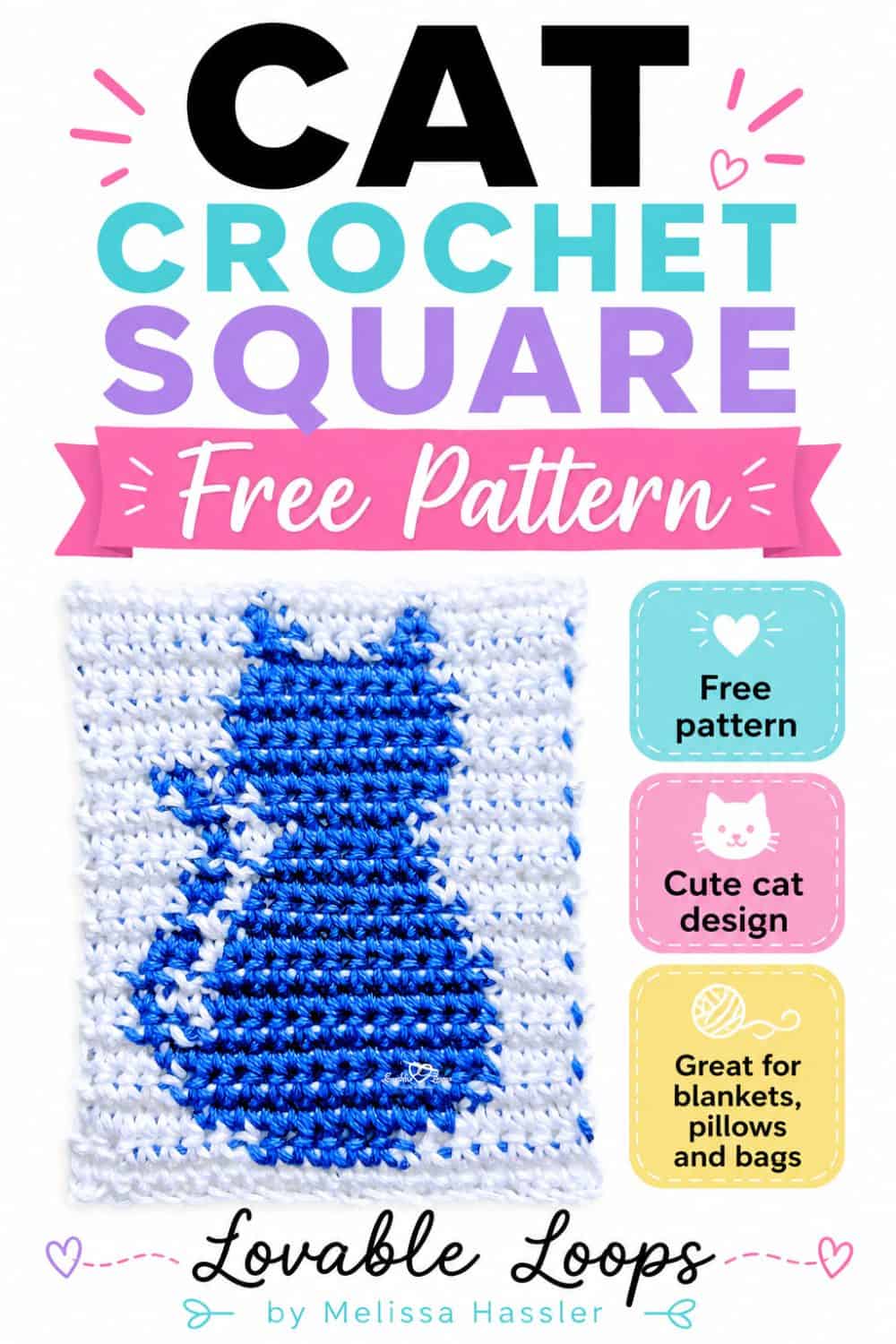 Free cat crochet square pattern pin featuring a blue cat crochet square on a white background, with callouts for free pattern, cute cat design, and great for blankets, pillows, and bags.