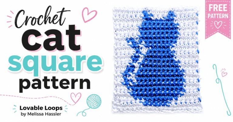 Crochet cat square pattern featured image with a blue and white crochet cat square, bright white background, pastel accents, and text branding for Lovable Loops by Melissa Hassler.