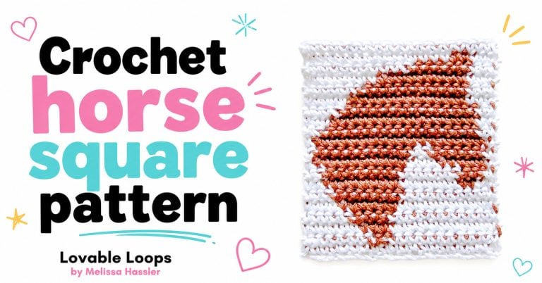 Crochet horse square pattern featured image with a brown and white crochet horse square, bright white background, pastel accents, and text branding for Lovable Loops by Melissa Hassler.