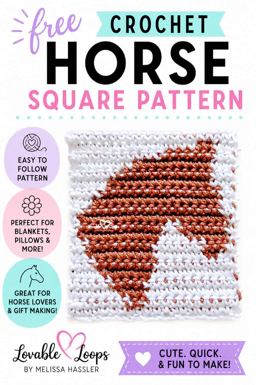 Free horse crochet square pattern pin featuring a brown horse crochet square on a white background, with callouts for easy to follow pattern, perfect for blankets and pillows, and great for horse lovers.