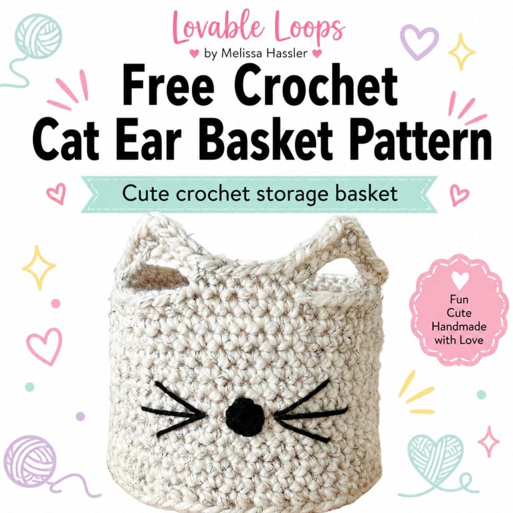 Free crochet cat ear basket pattern pin showing a handmade cat-shaped crochet storage basket with bold black text and colorful pastel accents.