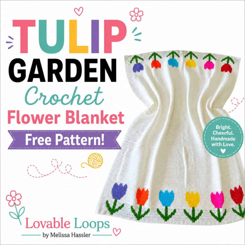 Square graphic for a free crochet flower blanket pattern featuring colorful tulips along the top and bottom edges of a white crochet blanket with bold modern text.