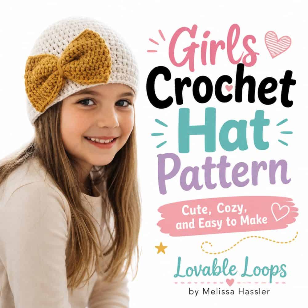 Square graphic featuring a smiling girl wearing a cream crochet hat with a mustard yellow bow beside colorful text reading “Girls Crochet Hat Pattern” and “Cute, Cozy, and Easy to Make,” with Lovable Loops by Melissa Hassler branding.