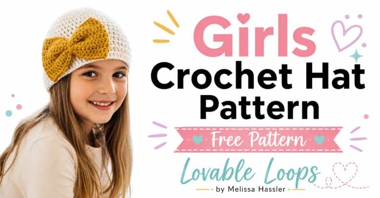 Landscape featured image showing a girl wearing a cream crochet beanie with a large mustard bow beside bold text reading “Girls Crochet Hat Pattern” and a pink “Free Pattern” banner, with Lovable Loops by Melissa Hassler branding.
