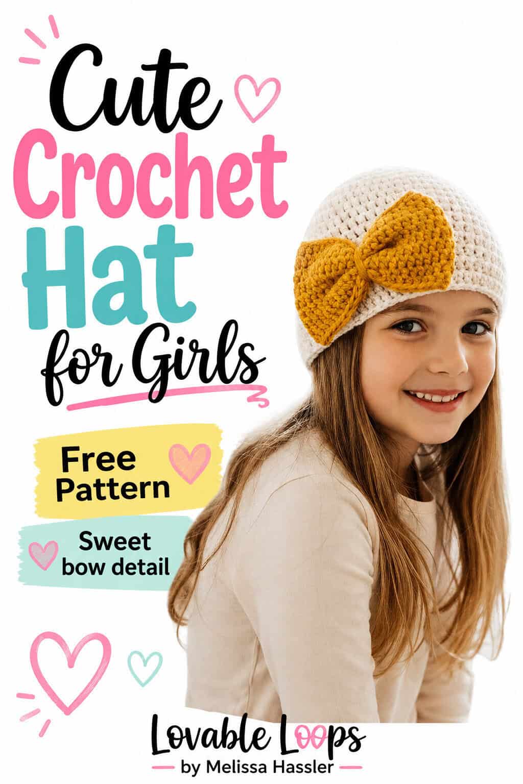 Pinterest graphic showing a girl modeling a cream crochet beanie with an oversized mustard bow beside text reading “Cute Crochet Hat for Girls,” “Free Pattern,” and “Sweet Bow Detail.”