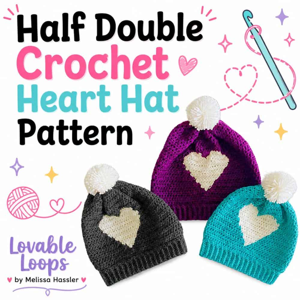 Square graphic featuring purple, charcoal gray, and turquoise half double crochet heart hats with white pom poms beside bold black, pink, and aqua pattern text.