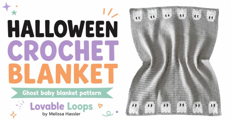 Featured image for a Halloween crochet blanket pattern featuring the gray baby blanket with white ghost motifs, bold black, lavender, orange, and mint text, and Lovable Loops by Melissa Hassler branding.