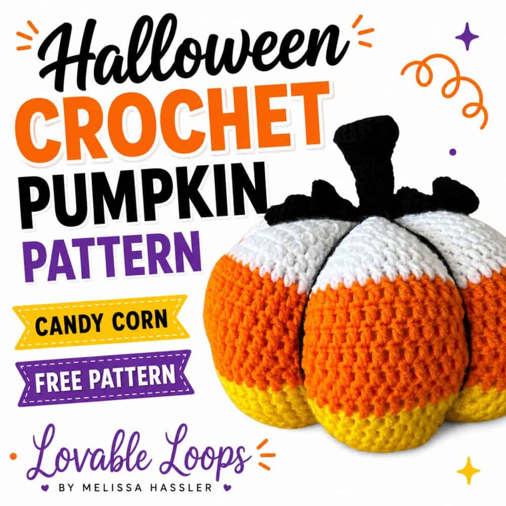Square graphic for a Halloween crochet pumpkin pattern featuring a close-up candy corn crochet pumpkin with large orange, purple, and black text on a bright white background.