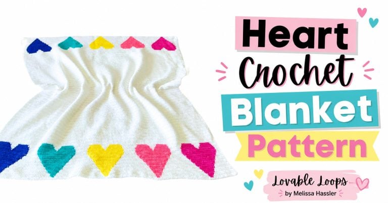 Featured image for a heart crochet blanket pattern showing a white crochet blanket with colorful hearts in blue, teal, yellow, pink, and magenta, with large colorful text and modern pastel accents.