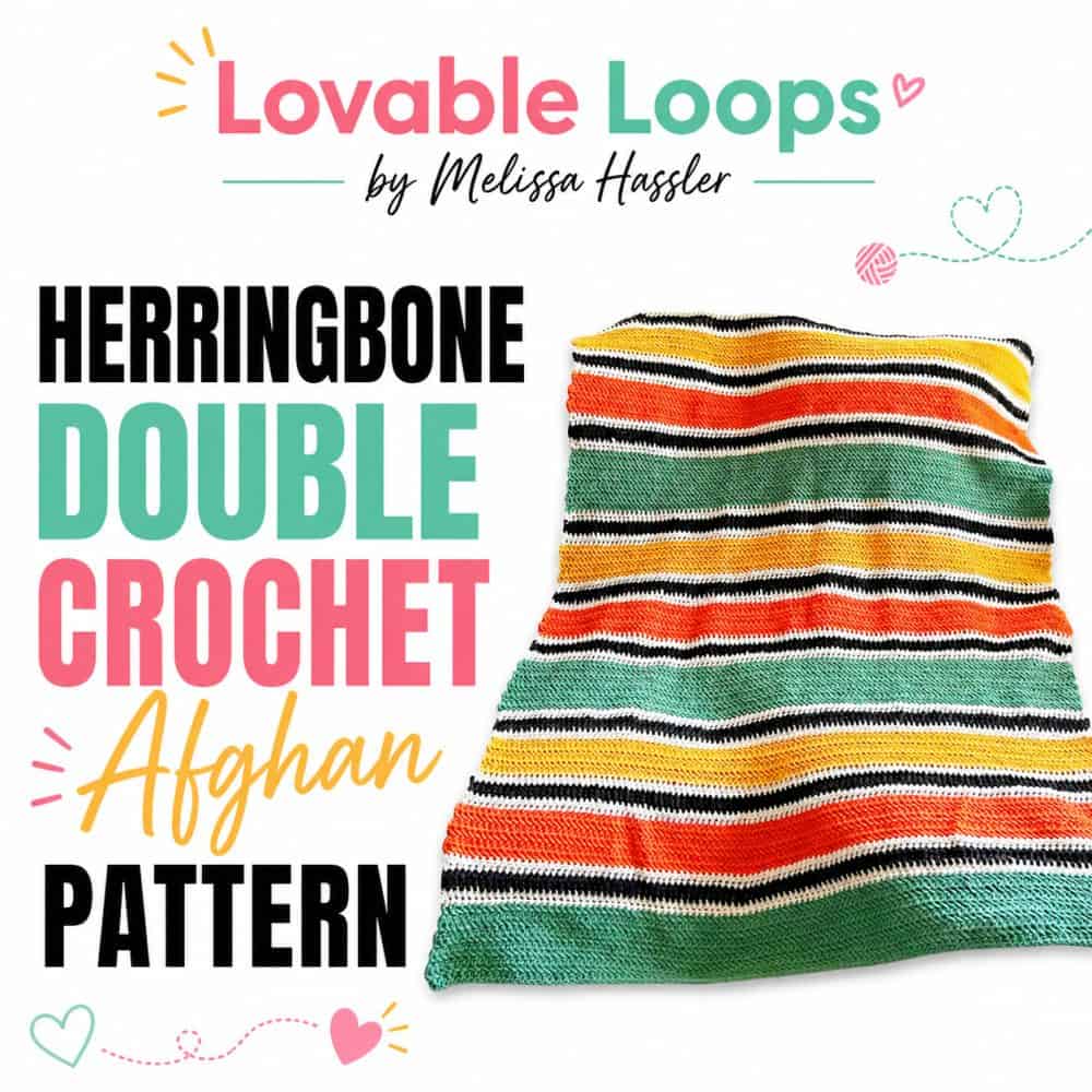 Square graphic for a herringbone double crochet afghan pattern featuring a striped crochet blanket in green, orange, yellow, black, and white with bold Pinterest-style text.