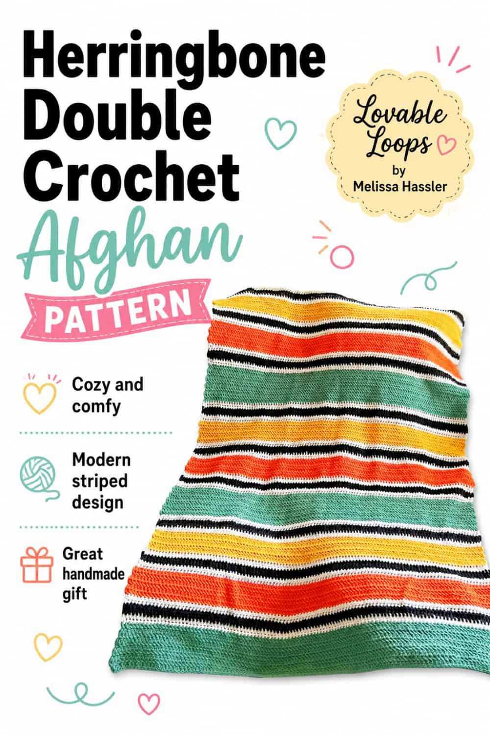 Pinterest pin for a herringbone double crochet afghan pattern showing a cozy striped crochet blanket with fall-inspired colors, large black text, pastel accents, and handmade gift callouts.