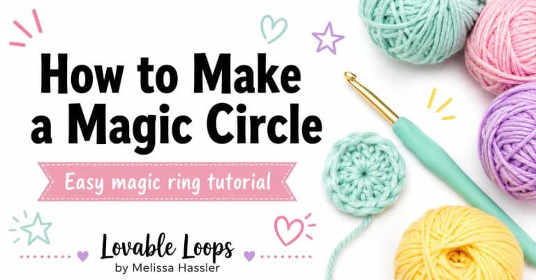 How to make a magic circle featured image with pastel yarn, crochet hook, mint magic ring sample, and text for an easy crochet magic ring tutorial.